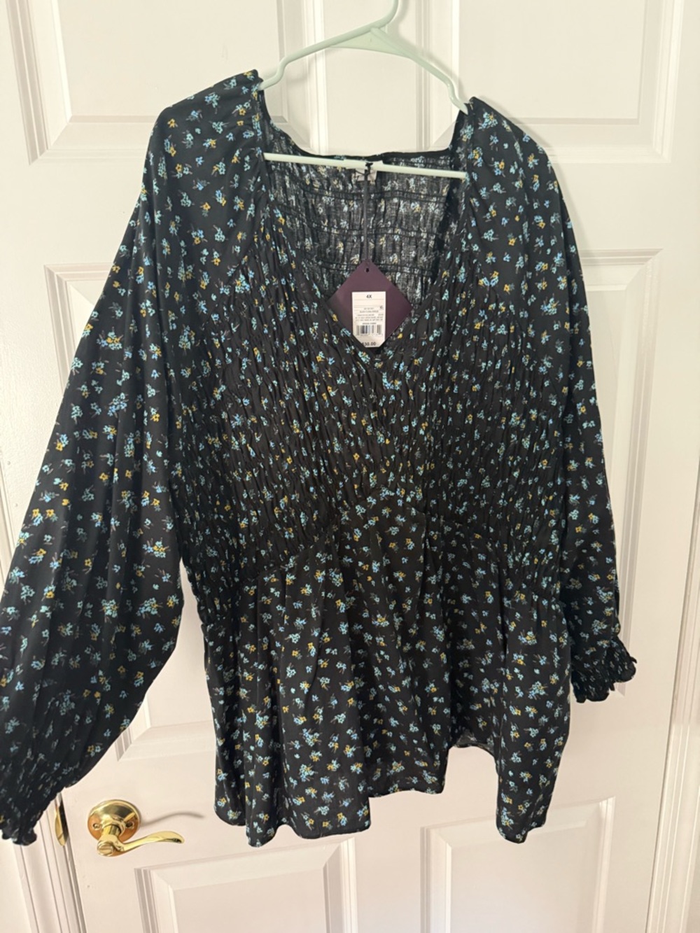 Ava & Viv Black Floral Smocked Peasant Blouse - Blue & Yellow Flowers